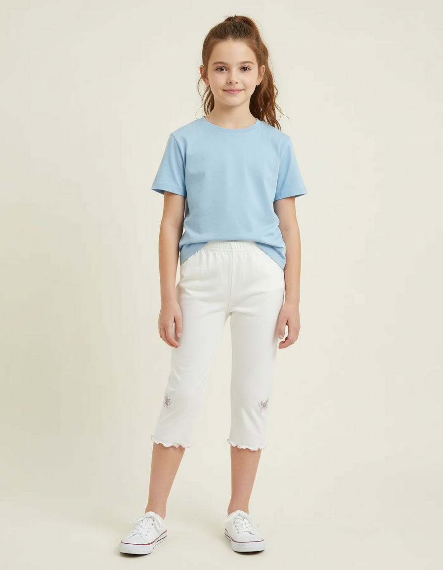 Pantalon Blanc Coton Capris Fille Papillons Ondulé