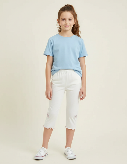 Pantalon Blanc Coton Capris Fille Papillons Ondulé