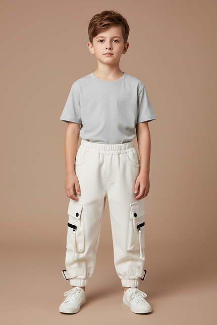 Pantalon Blanc Cargo Ample Garçon Décontracté - Molleton