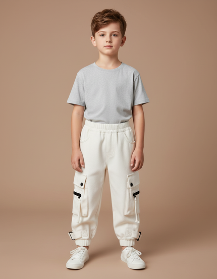 Pantalon Blanc Cargo Ample Garçon Décontracté - Molleton