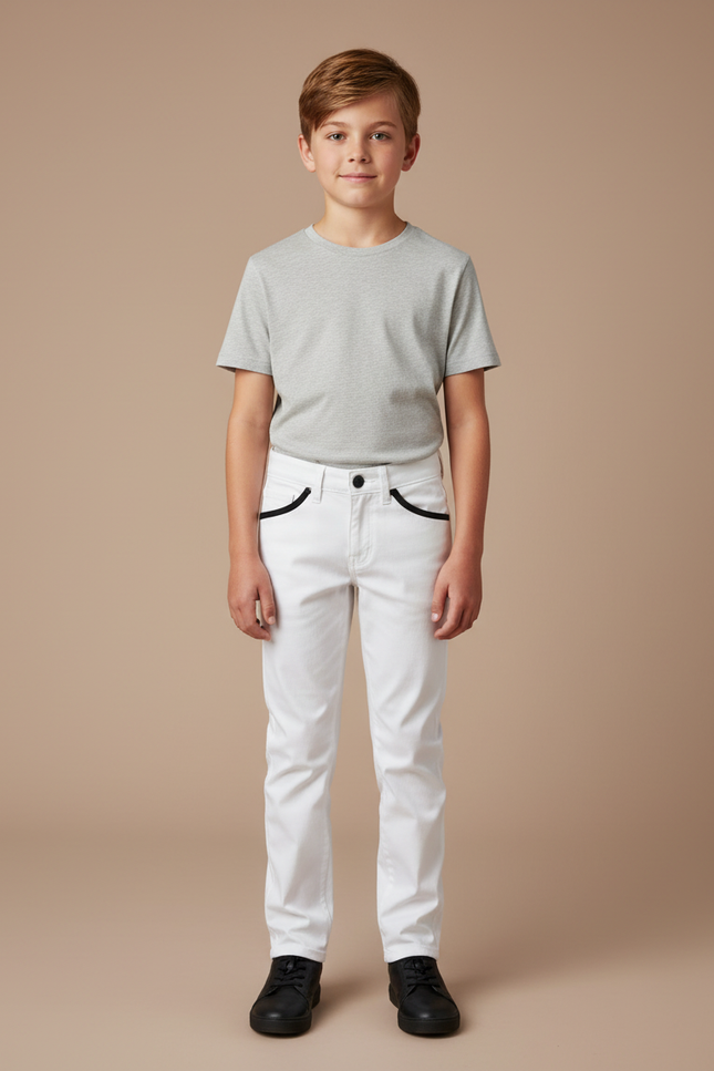 Pantalon Blanc Enfant Slim Décontracté Poches Noires - Coton