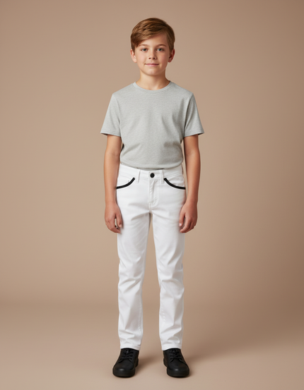 Pantalon Blanc Enfant Slim Décontracté Poches Noires - Coton