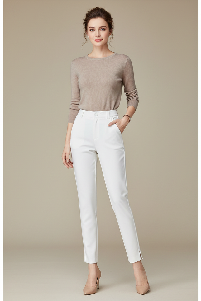 Pantalon Blanc Slim Stretch Élégant Femme Bureau - Polyester