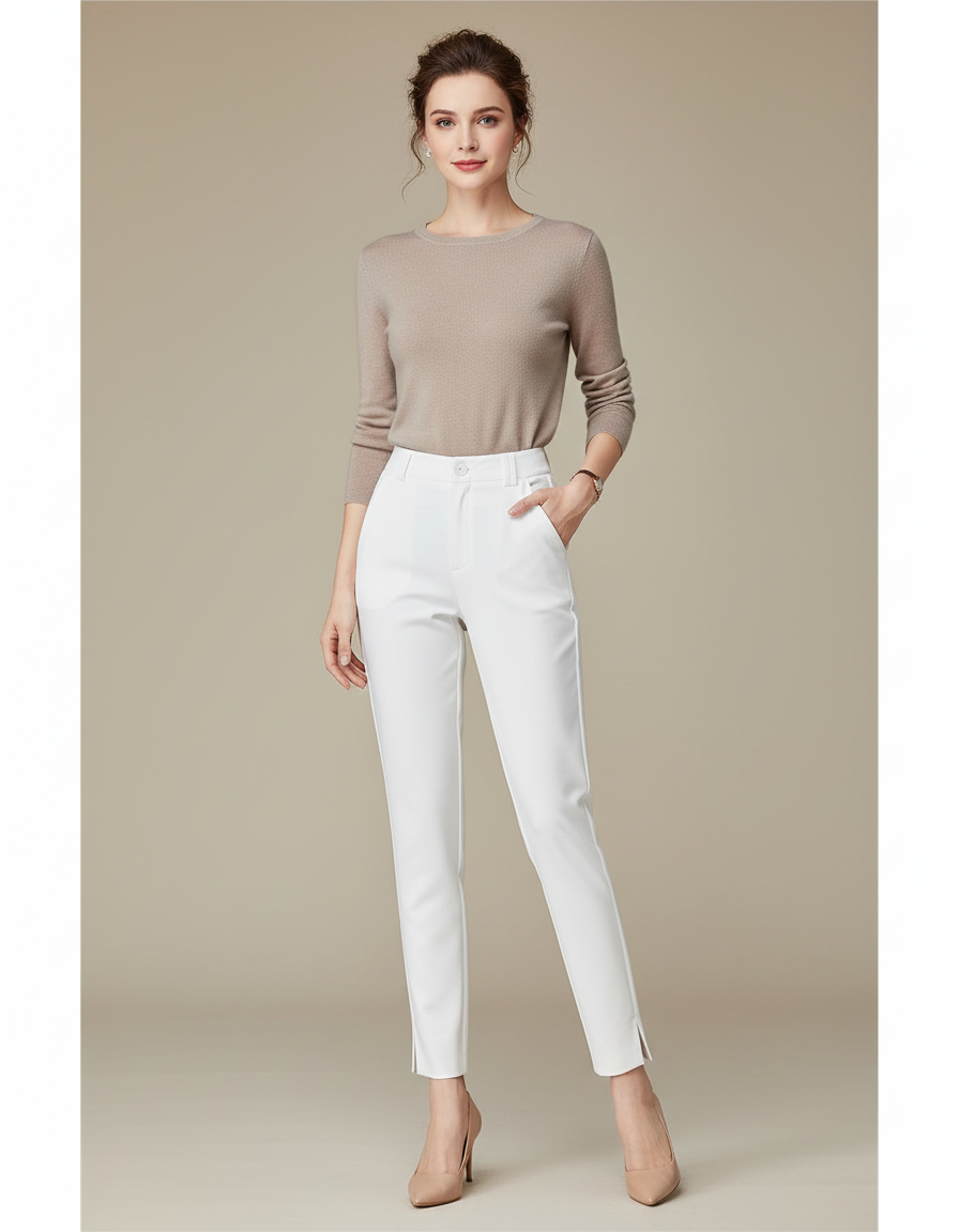 Pantalon Blanc Slim Stretch Élégant Femme Bureau - Polyester
