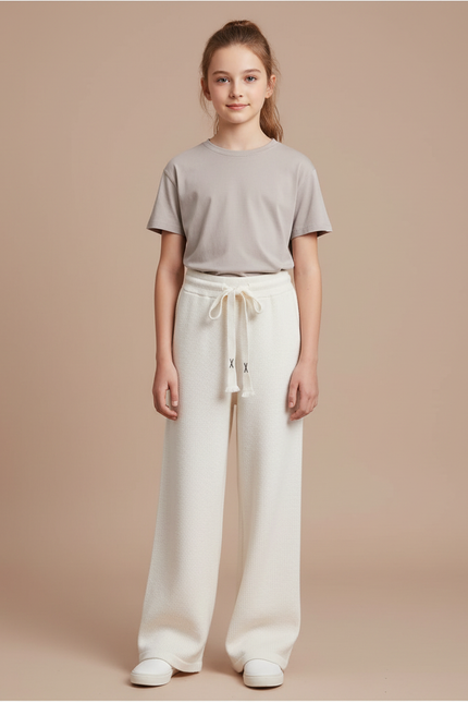 Pantalon Blanc Ample Tricoté Confortable Fille - Maille
