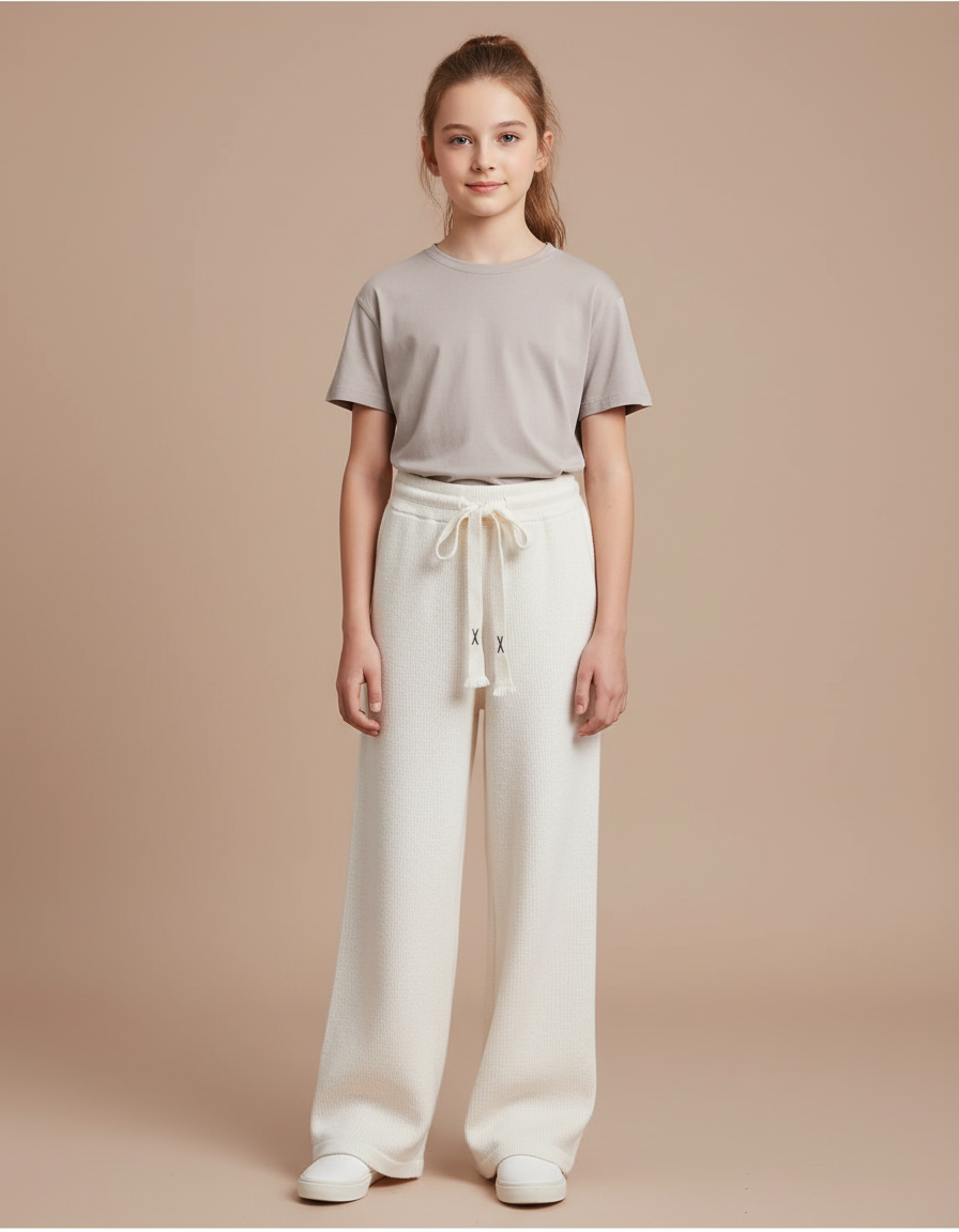 Pantalon Blanc Ample Tricoté Confortable Fille - Maille