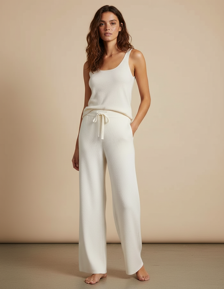 Pantalon Blanc Côtelé Tricoté Ample Confortable Femme - Maille