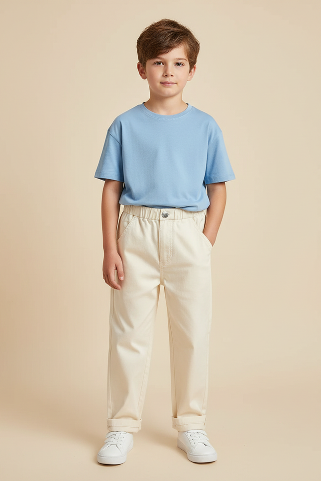 Pantalon Blanc Enfant Coton Droit Décontracté Unisexe - Beige
