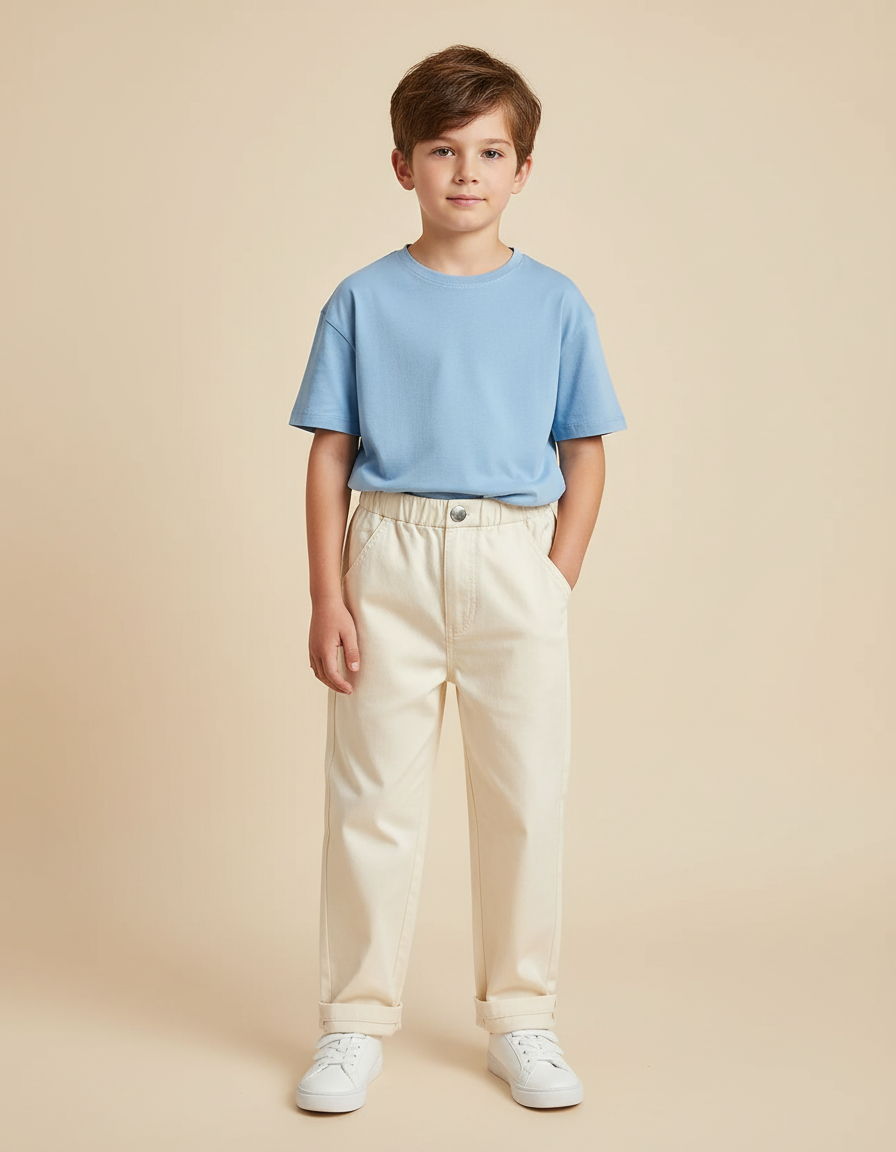 Pantalon Blanc Enfant Coton Droit Décontracté Unisexe - Beige