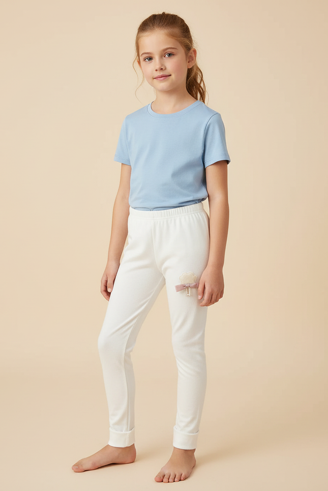 Pantalon Blanc Fille Coton Confortable Brodé Mignon - Molleton