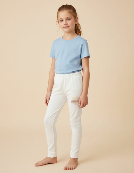 Pantalon Blanc Fille Coton Confortable Brodé Mignon - Molleton