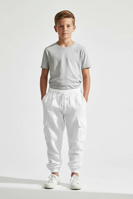 Pantalon Blanc Cargo Lin Enfant Décontracté Léger