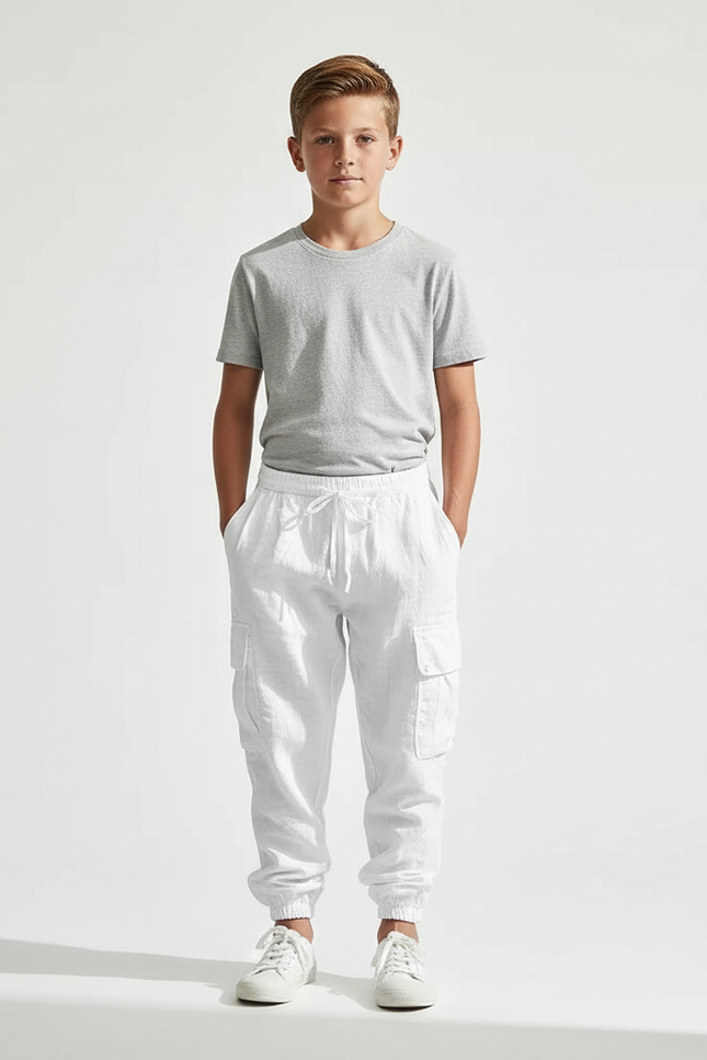 Pantalon Blanc Cargo Lin Enfant Décontracté Léger