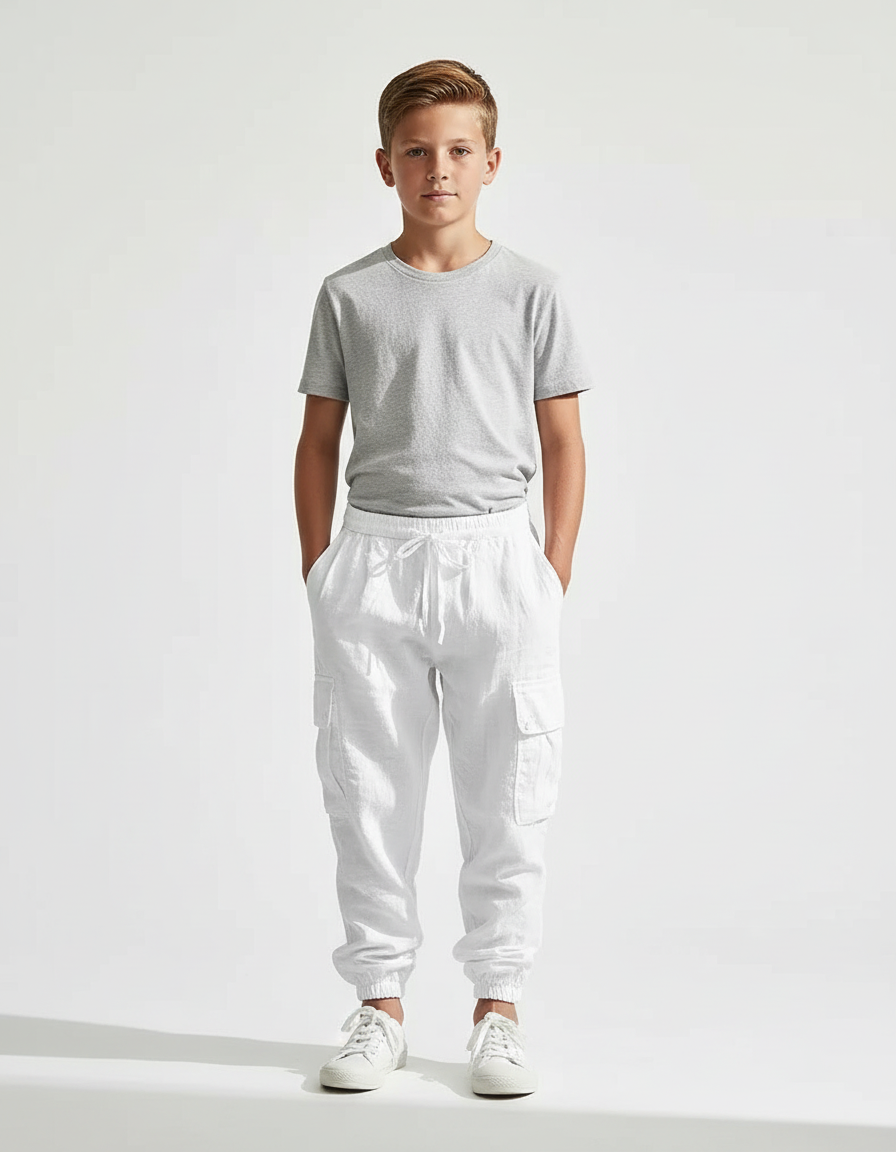 Pantalon Blanc Cargo Lin Enfant Décontracté Léger