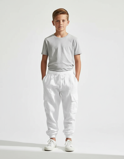 Pantalon Blanc Cargo Lin Enfant Décontracté Léger