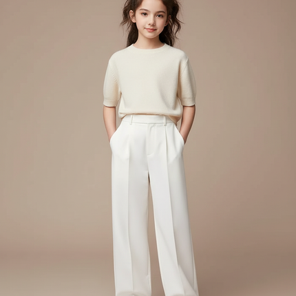 Pantalon Blanc Ample Plissé Droit Élégant Enfant - Gabardine
