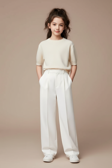 Pantalon Blanc Ample Plissé Droit Élégant Enfant - Gabardine