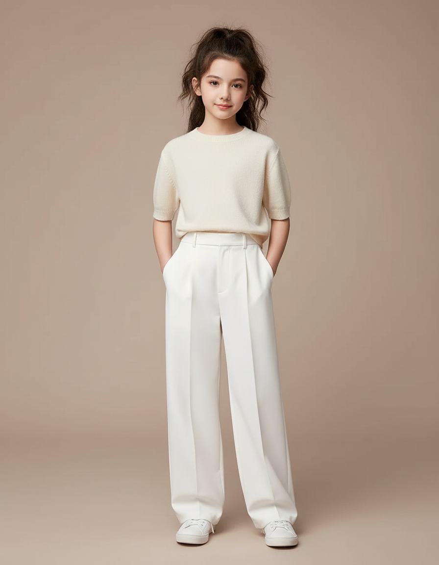 Pantalon Blanc Ample Plissé Droit Élégant Enfant - Gabardine