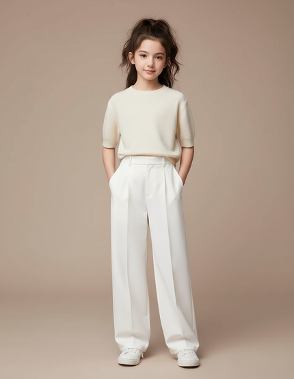 Pantalon Blanc Ample Plissé Droit Élégant Enfant - Gabardine