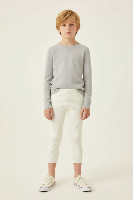 Pantalon Blanc Côtelé Tricoté Capris Enfant Stretch - Maille