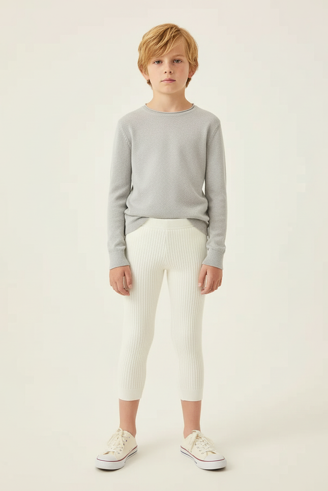 Pantalon Blanc Côtelé Tricoté Capris Enfant Stretch - Maille