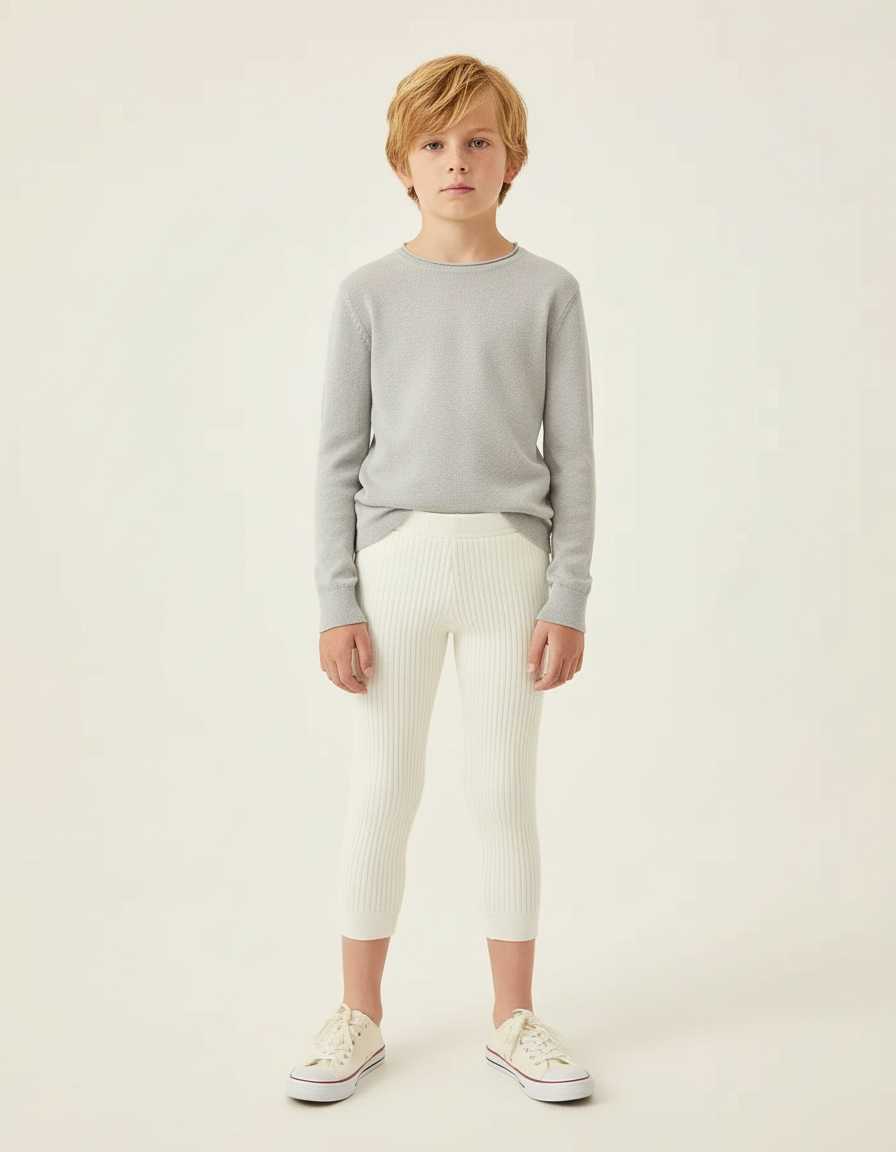 Pantalon Blanc Côtelé Tricoté Capris Enfant Stretch - Maille