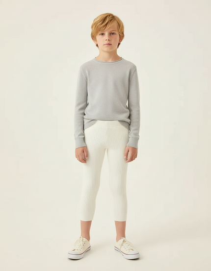 Pantalon Blanc Côtelé Tricoté Capris Enfant Stretch - Maille