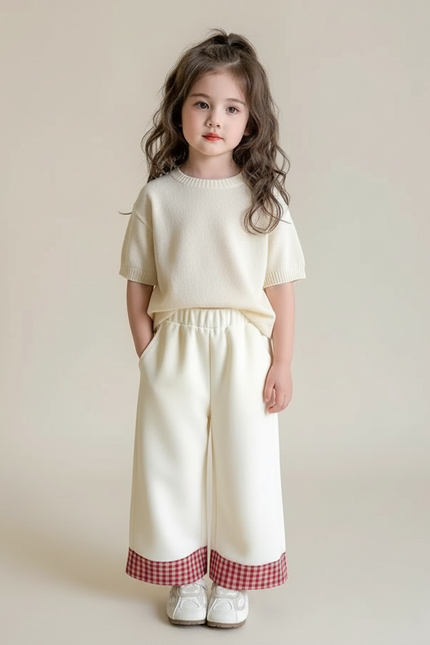 Pantalon Blanc Ample Carreaux Vichy Rouge Enfant - Maille
