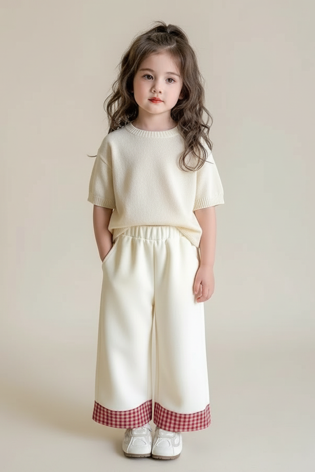 Pantalon Blanc Ample Carreaux Vichy Rouge Enfant - Maille