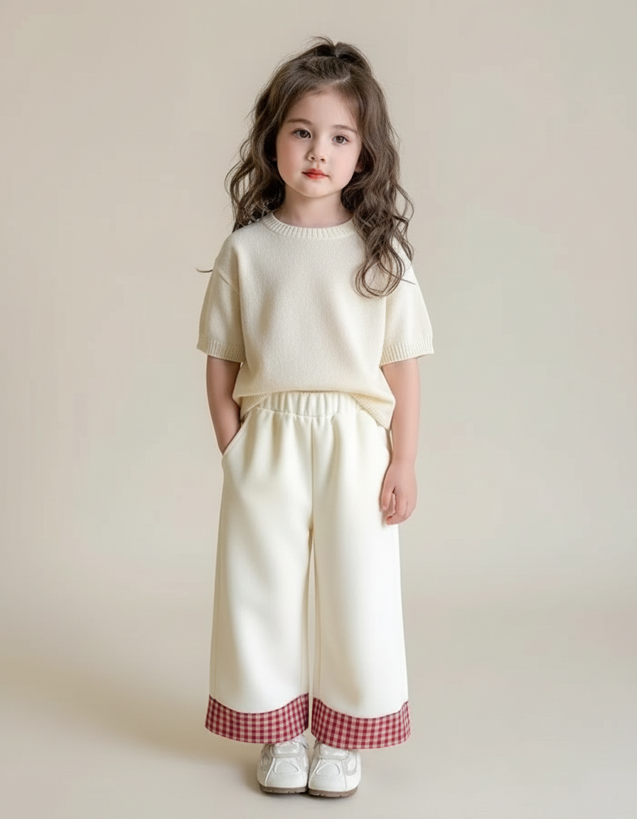 Pantalon Blanc Ample Carreaux Vichy Rouge Enfant - Maille