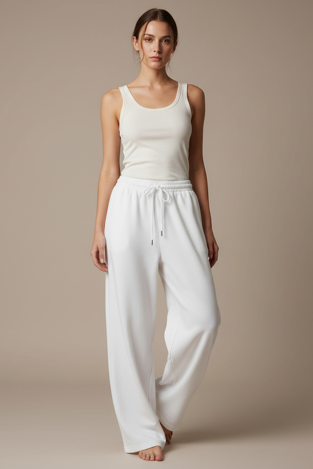 Pantalon Blanc Ample Molletonné Décontracté Taille Haute