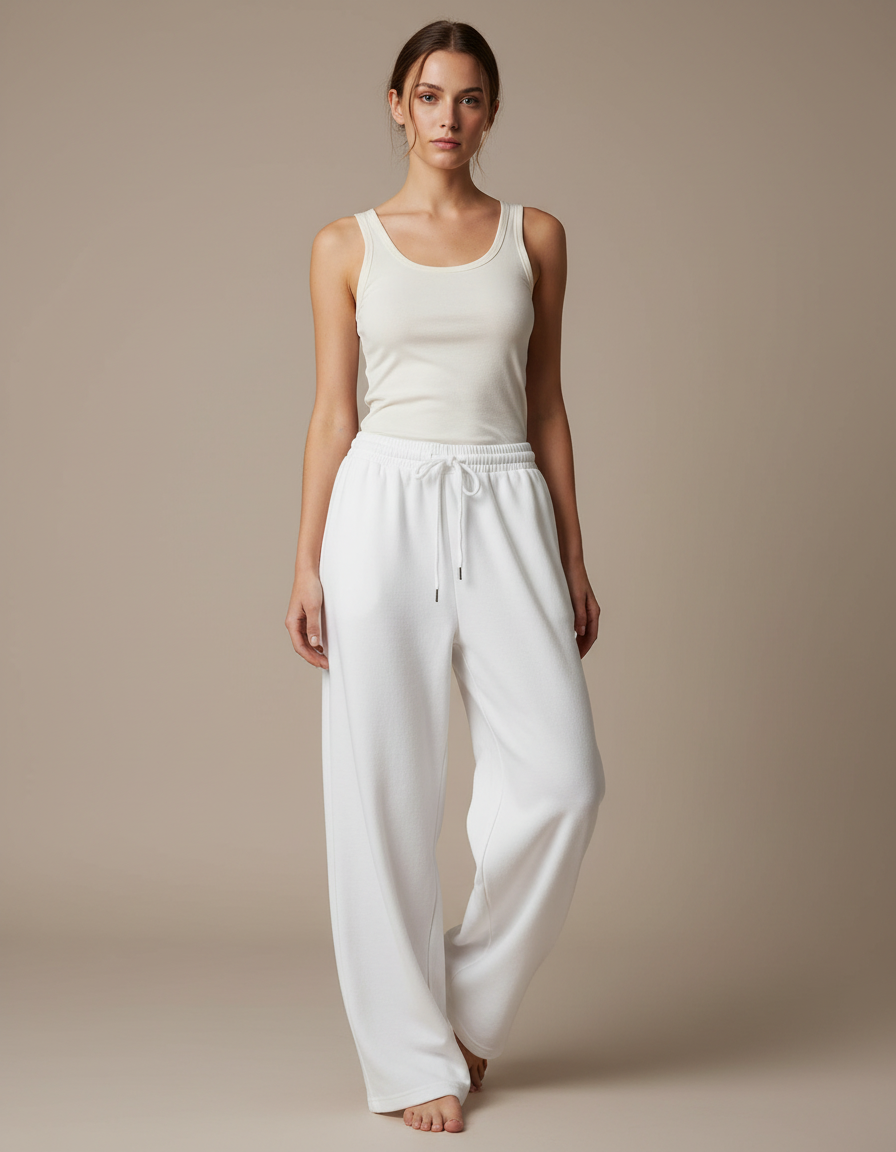 Pantalon Blanc Ample Molletonné Décontracté Taille Haute