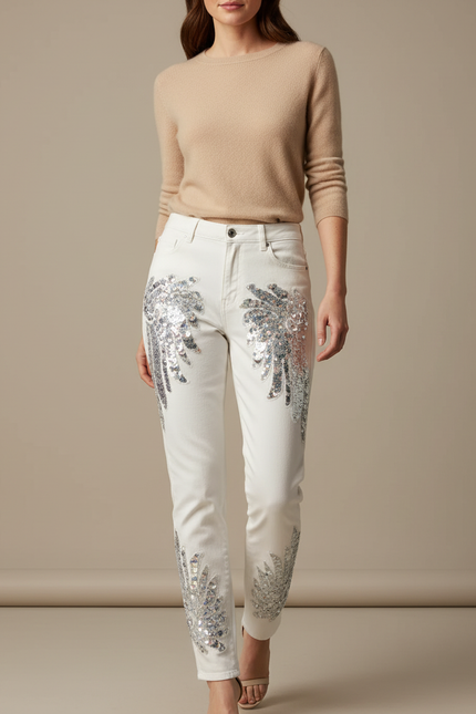 Pantalon Blanc Jean Skinny Paillettes Phoenix Femme