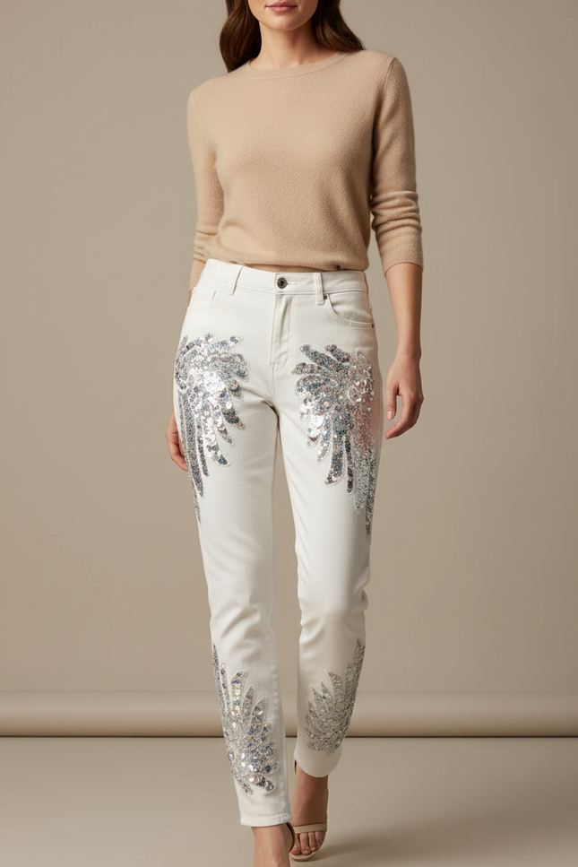 Pantalon Blanc Jean Skinny Paillettes Phoenix Femme