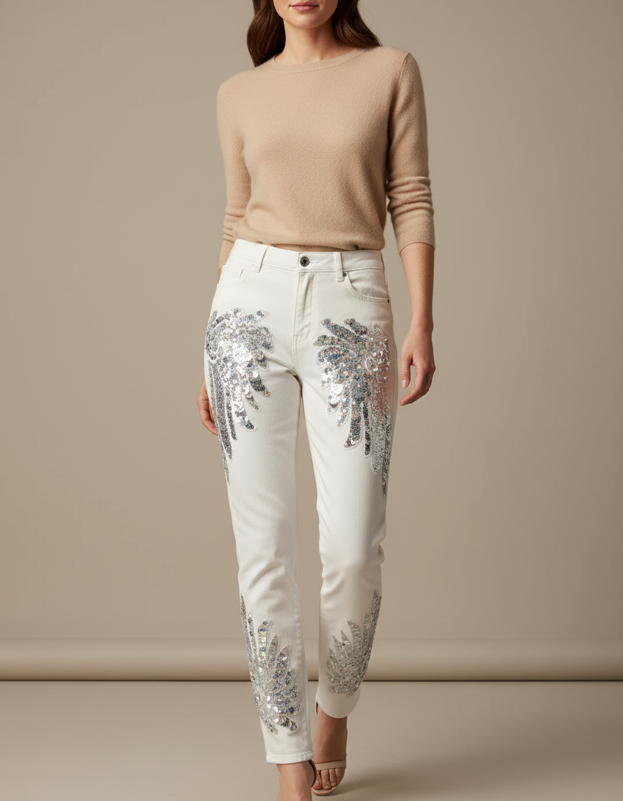 Pantalon Blanc Jean Skinny Paillettes Phoenix Femme