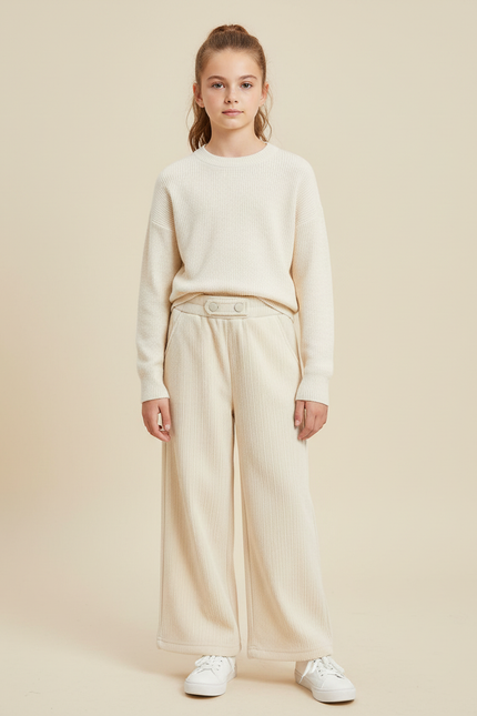 Pantalon Blanc Côtelé Ample Décontracté Confortable - Beige Maille