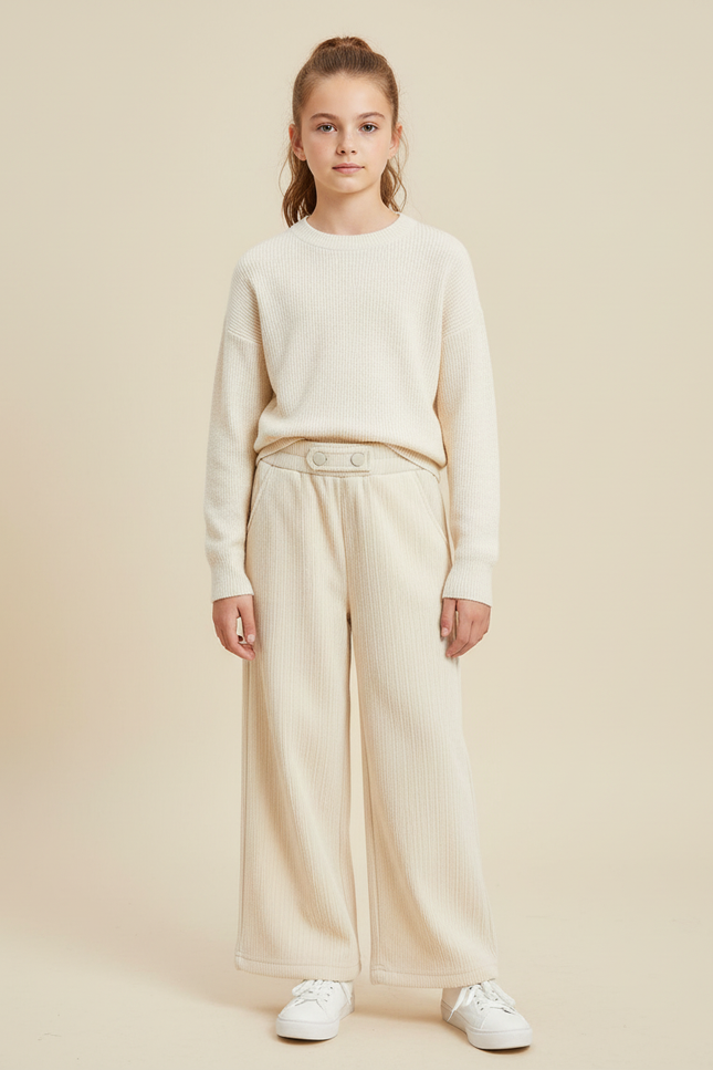 Pantalon Blanc Côtelé Ample Décontracté Confortable - Beige Maille