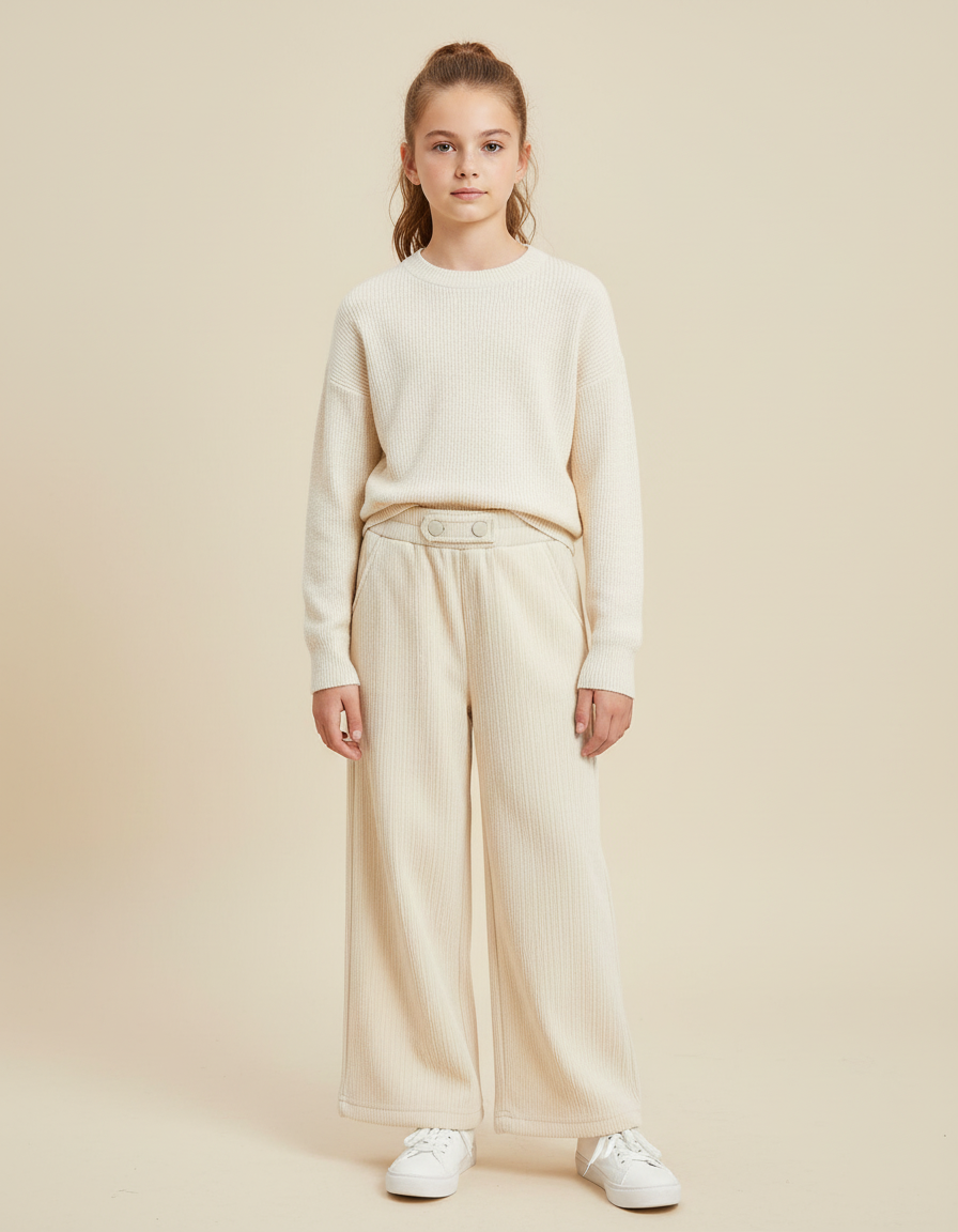 Pantalon Blanc Côtelé Ample Décontracté Confortable - Beige Maille