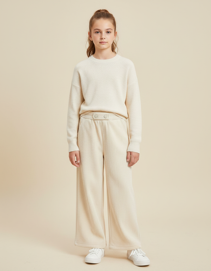 Pantalon Blanc Côtelé Ample Décontracté Confortable - Beige Maille