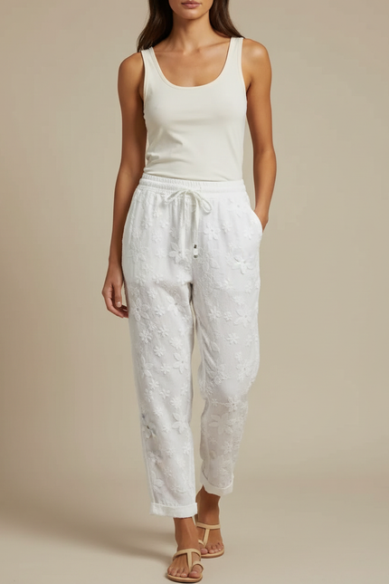 Pantalon Blanc Brodé Fleur Coton Décontracté Fluide