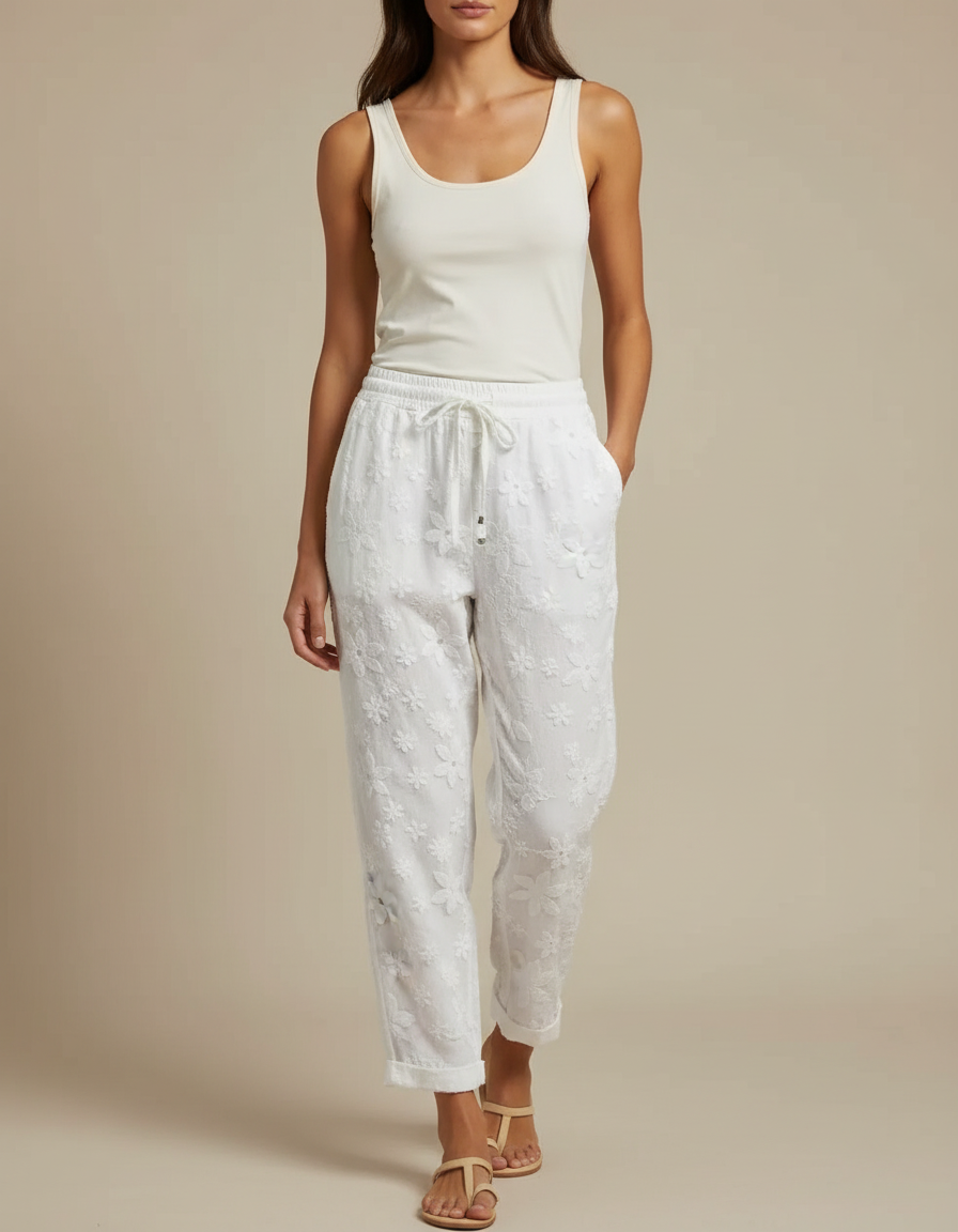 Pantalon Blanc Brodé Fleur Coton Décontracté Fluide