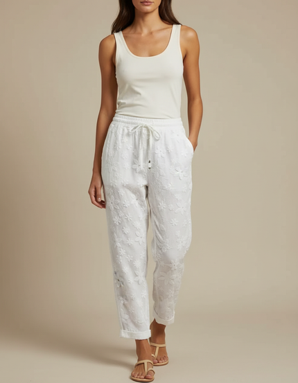 Pantalon Blanc Brodé Fleur Coton Décontracté Fluide