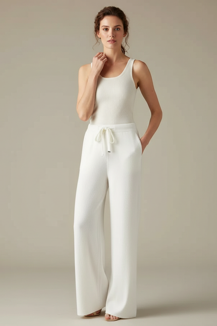 Pantalon Blanc Tricoté Large Décontracté Confortable Fluide - Maille