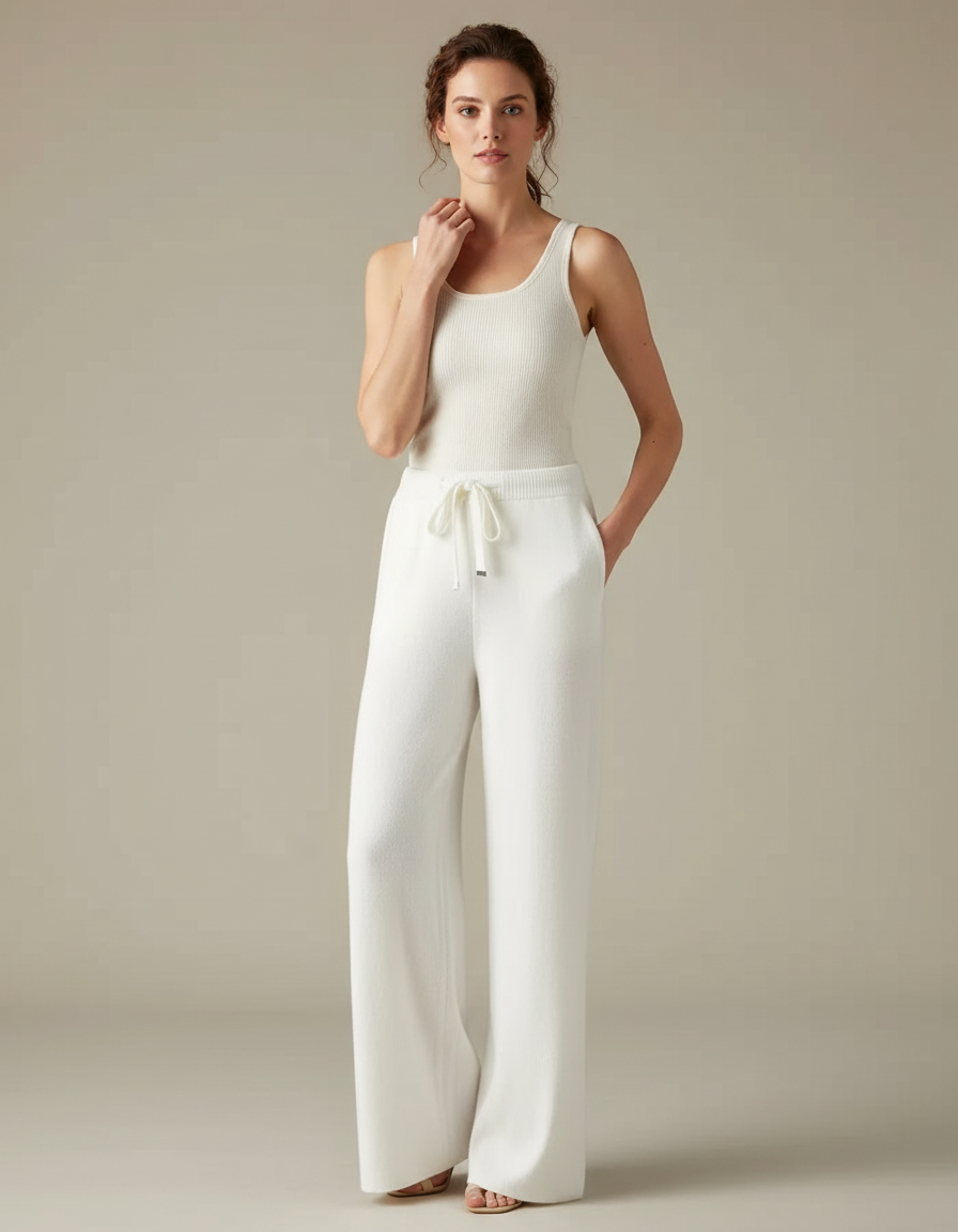 Pantalon Blanc Tricoté Large Décontracté Confortable Fluide - Maille