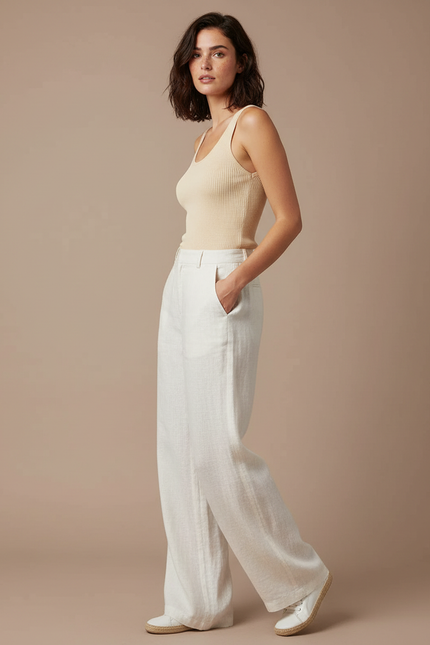 Pantalon Blanc Lin Taille Haute Ample Décontracté