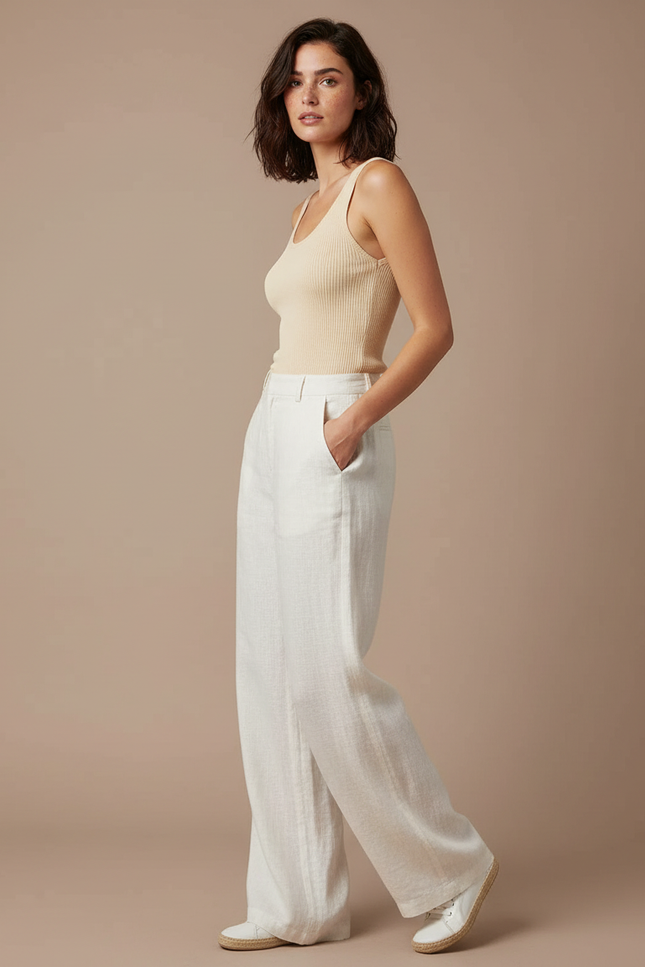 Pantalon Blanc Lin Taille Haute Ample Décontracté
