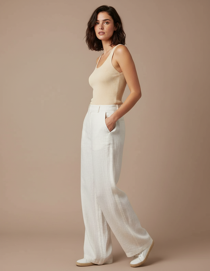 Pantalon Blanc Lin Taille Haute Ample Décontracté