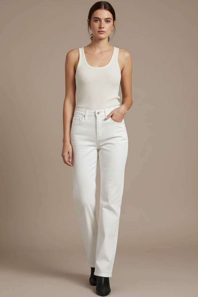 Pantalon Blanc Droit Taille Haute Femme Décontracté - Jean