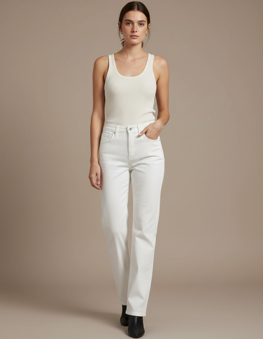 Pantalon Blanc Droit Taille Haute Femme Décontracté - Jean