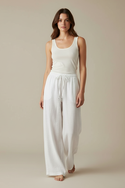 Pantalon Blanc Lin Fluide Ample Taille Haute